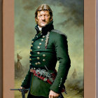 Historical military uniform portrait with confident man and battlefield scene