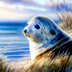 Spotted fur seal resting in golden grass with blue sky and clouds