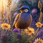 Colorful starling among purple and yellow wildflowers in golden sunlight