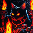 Stylized black cat with red eyes in fiery skull backdrop