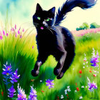 Colorful Watercolor Painting of Black Cat in Meadow