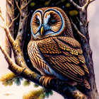 Intricate feather patterns on owl perched on tree branch at twilight