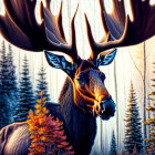 Majestic moose with expansive antlers in forest at sunrise.