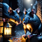 Realistic animated rats with lantern in night alleyway