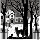 Detailed black and white cat and kitten illustration near picket fence, with Victorian houses and trees.