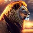 Digitally-rendered lion with vibrant mane in savannah sunset.