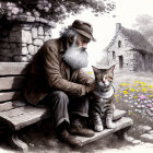 Elderly man with cat on wooden bench near cottage