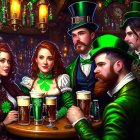 Animated characters in green St. Patrick's Day outfits with beer in bar setting