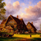 Rural scene with thatched cottage, grazing cattle, person walking under dramatic sky