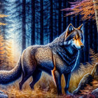 Majestic wolf in serene forest with autumn foliage