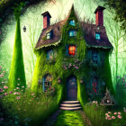 Ivy-covered cottage in enchanted forest with glowing windows