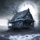 Spooky abandoned house under large moon in desolate landscape