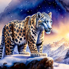 Snow leopard on snowy outcrop under starlit sky and rising moon