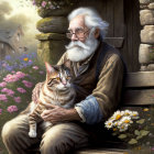 Elderly man with white beard holding tabby cat on wooden bench surrounded by lush flowers.