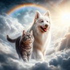 Fluffy dog and tabby cat on clouds with rainbow landscape