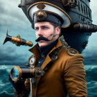 Steampunk man with telescope in naval cap and monocle by misty sea