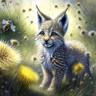 Whimsical painting of young lynx in sunlit field