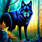 Colorful Digital Illustration: Blue Wolf in Luminous Forest