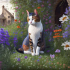 Colorful garden scene with two cats and a stone cottage