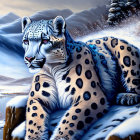 Digitally created snow leopard with blue eyes in snowy mountains.