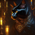 Mystical black cat with glowing eyes and jewelry by candlelight