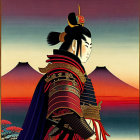 Traditional Japanese Samurai Illustration with Vibrant Sunset and Mount Fuji