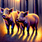 Three piglets in forest under warm sunlight.