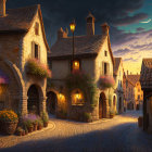 Picturesque cobblestone street in a village with stone houses and colorful flowers at dusk