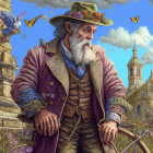 Elderly gentleman with white beard, hat, and purple jacket in cityscape illustration