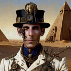 Steampunk-themed man in decorated uniform with mechanical elements in desert with pyramids.