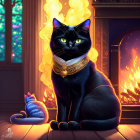 Black Cat with Green Eyes Wearing Gold Necklace by Fireplace