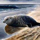 Seal resting on sandy beach with waves and cloudy sky