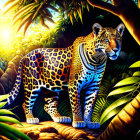 Vivid Jaguar Illustration in Dense Jungle with Sunlight