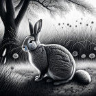 Monochrome rabbit in serene grassy setting with dandelions and tree