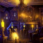 Aristocratic skeletal figures in opulent, dimly lit room