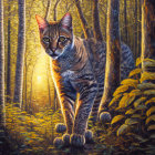 Tabby cat walking in vibrant forest at sunset