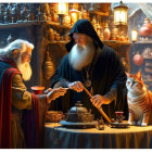 Three Wizards in Magical Shop with Ginger Cat and Potions