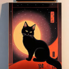 Stylized black cat with full moon and Asian calligraphy elements