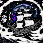 Monochromatic stylized sailing ship with cosmic elements