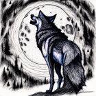 Wolf howling at full moon surrounded by stars and pine trees in sketch.