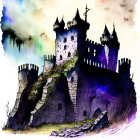 Medieval castle watercolor painting with vivid purple hues and abstract sky