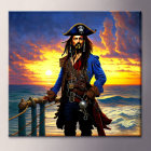 Fictional pirate character on ship with sunset and ocean scene