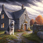 Large dog in front of quaint stone cottage with thatched roof in autumnal landscape.