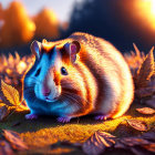 Chubby guinea pig in autumn leaves under golden sunlight