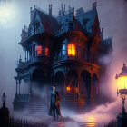 Gothic-style haunted house at night with glowing windows and ghostly figure