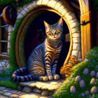 Striped Cat at Cozy Round Doorway with Nightfall Background and Flowers