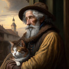 Elderly man in historical attire with cat against old-world architecture