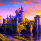 Fairytale castle with towers and moat under colorful sunset sky