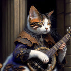 Cat in Renaissance attire playing lute against vintage architecture