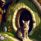 Tabby cat by green hobbit-style door on cobblestone path with flowers and lantern